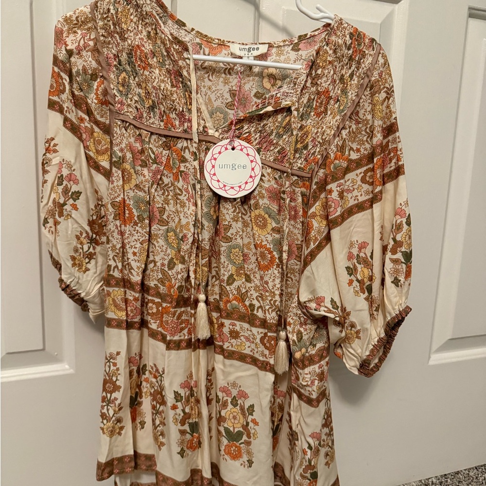 Umgee Women's Floral Boho Top - Cream and Brown